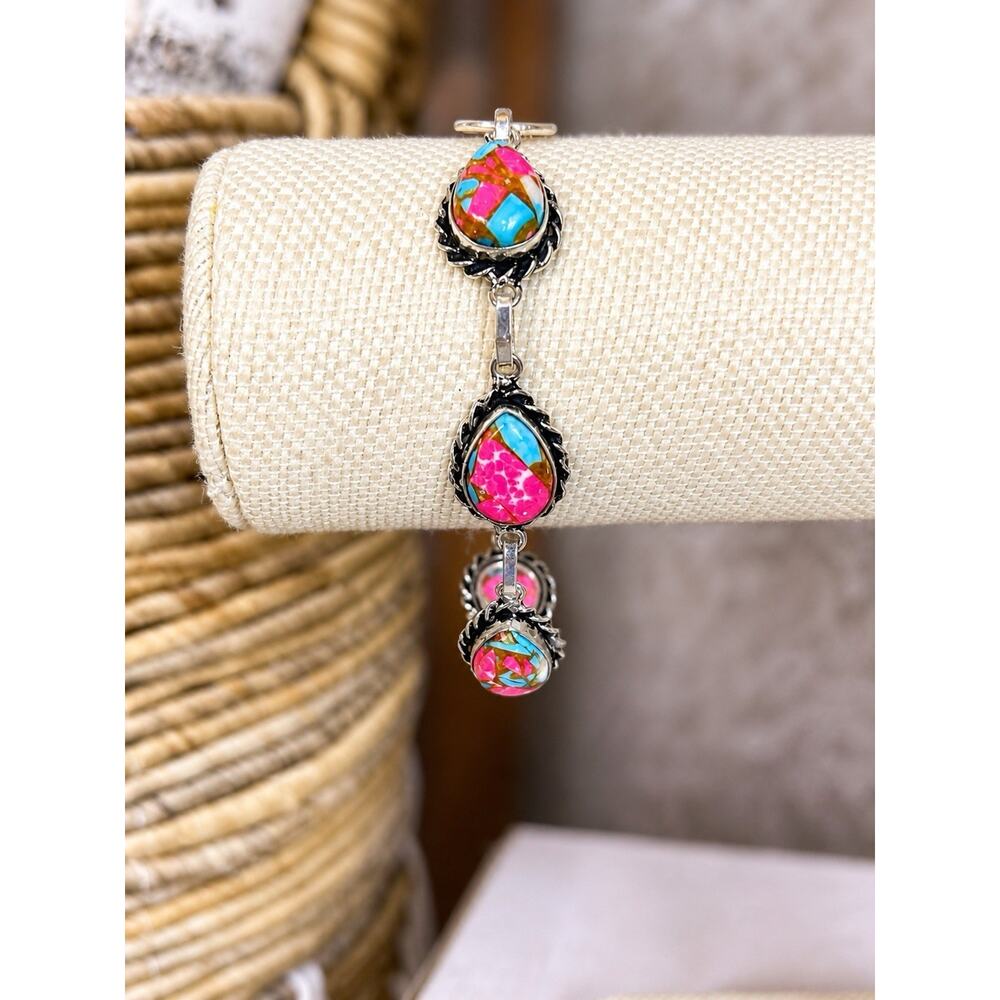 Cotton Candy Turquoise Bracelet Silver Plated Pink Southwestern Boho Adjustable - Picture 6 of 7
